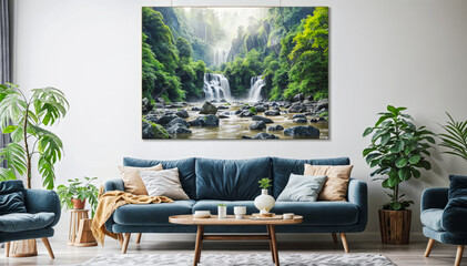 A blue couch sits under a large canvas print of a waterfall in a forest
