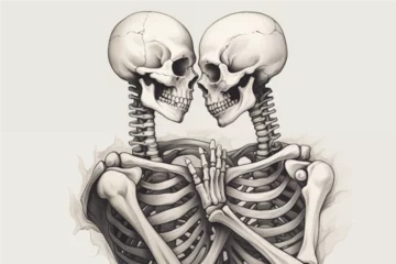 Fotobehang two skeletons in love hugging each other on the background of a pink heart with red roses, Valentine's Day postcard, Valentine's Day card, generative AI © Paulina