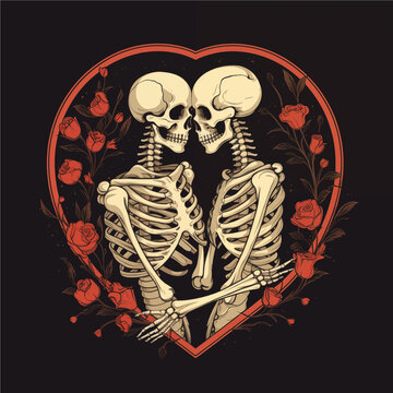 two skeletons in love hugging each other on the background of a red heart with red roses, Valentine's Day postcard, Valentine's Day card, generative AI