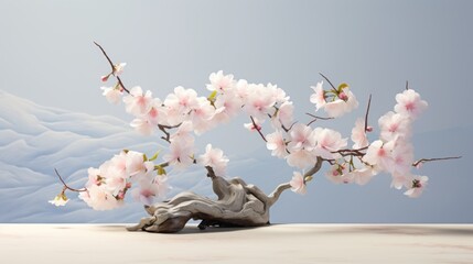  a branch of a blossoming cherry tree with a rock in the foreground and a blue sky in the background.