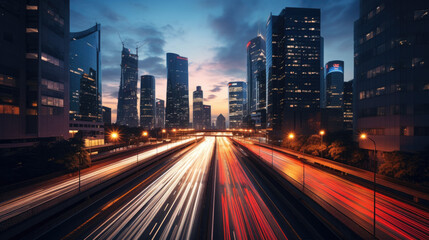 A stunning photo captures a bustling cityscape during rush hour, with glowing car taillights...