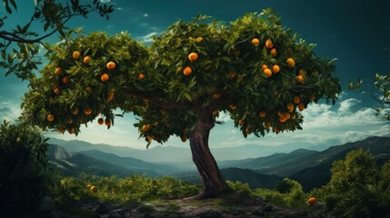 Fototapeta na wymiar a tree filled with lots of oranges on top of a lush green hillside under a blue sky with clouds.