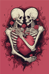 two skeletons in love hugging each other on the background of a pink heart with red roses, Valentine's Day postcard, Valentine's Day card, generative AI