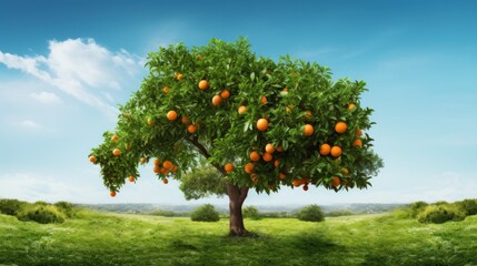 Fototapeta premium a tree filled with lots of oranges on top of a lush green field with a blue sky in the background.