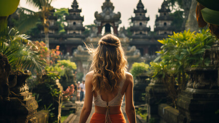 Back view of beautiful woman, tourist enjoying vacation in Bali with the view of traditional Hindu gate in Bali island, Indonesia. statue in the temple of heaven