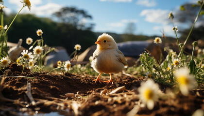 Fototapeta premium Cute yellow baby chicken hatching in green meadow generated by AI