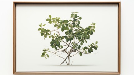  a picture of a small tree with green leaves in a wooden frame on a white wall with a white background.