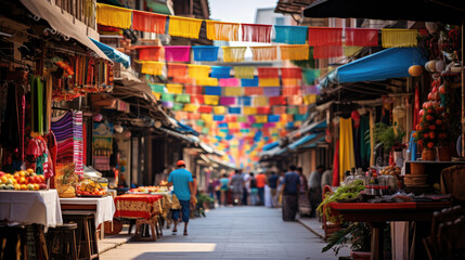 Fototapeta na wymiar A vibrant photograph of a bustling pedestrian walkway in a multicultural district, teeming with street vendors and adorned with colorful awnings that create a lively and diverse atmosphere.