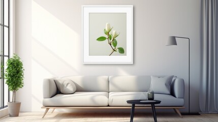 a picture of a living room with a couch and a coffee table in front of a picture of a flower.