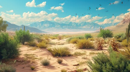 Fototapeta na wymiar Artistic concept of painting a beautiful landscape of wild desert nature, background illustration, tender and dreamy design.