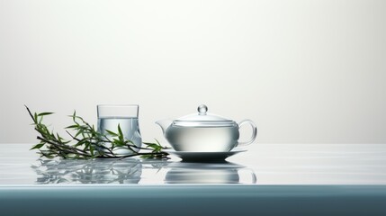  a glass of water, a teapot and a glass of water sit on a table with a sprig of rosemary.