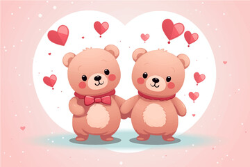 Obraz premium two cute little teddy bears with pink hearts, for valentine's day postcard, valentine's day card, generative AI