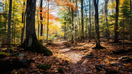 A vibrant autumn forest photo contrasts lush greenery with falling colorful leaves, capturing nature's seasonal transformation.