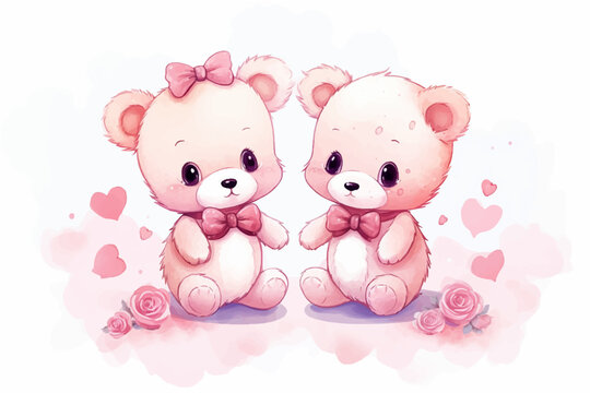 two cute little teddy bears with pink hearts, for valentine's day postcard, valentine's day card, generative AI