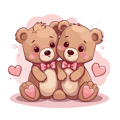 Fototapeta premium two cute little teddy bears with pink hearts, for valentine's day postcard, valentine's day card, generative AI