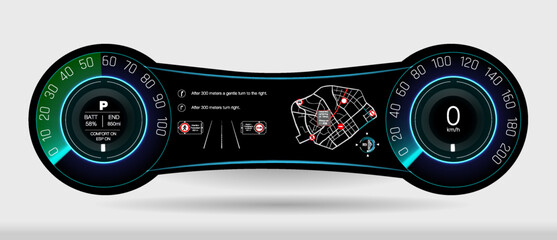 Futuristic Digital Dashboard Display with Vibrant Colors, Speedometer, and Innovative Features - High-Quality Vector for Automotive Design