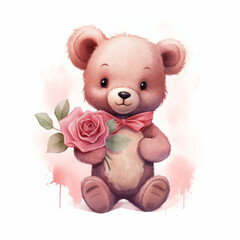 cute little teddy bear holding a pink rose for valentine's day postcard, valentine's day card, generative AI