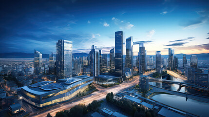 Fototapeta na wymiar Innovative urban skyline with verdant riverfront in a future city, under a cloudless blue sky