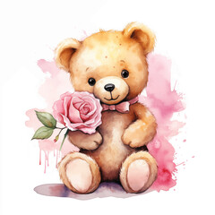 cute little teddy bear holding a pink rose for valentine's day postcard, valentine's day card, generative AI