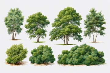 oil painted green trees and bushes isolated on white background, forest collection