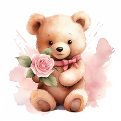 cute little teddy bear holding a pink rose for valentine's day postcard, valentine's day card, generative AI