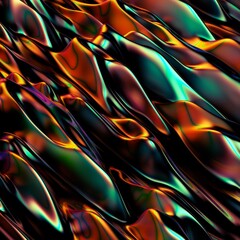 Abstract, fluid and colorful 3D background texture. Modern and contemporary feel. Metallic, iridescent and reflective with shades of orange, green, cyan, yellow, red