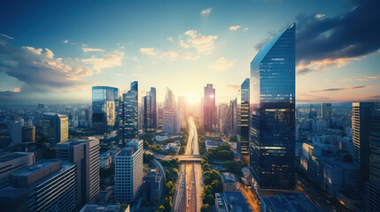 Modern glass city buildings bathed in warm sunset light, casting vivid reflections