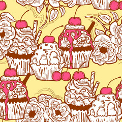 Tasty sweet cupcake dessert decorative seamless pattern for textile design, fabric print, digital or wrapping paper, wallpaper, background and backdrop, bakery shop decoration, cafe, restaurant menu.