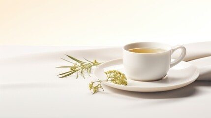 Obraz na płótnie Canvas a cup of tea sits on a saucer with a sprig of green tea on the saucer.