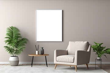 The image showcases a minimalist and modern interior with square frame mockup affixed to a clean, taupe wall, offering a blank canvas for art or poster display. 