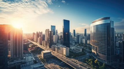 Naklejka na ściany i meble Urban skyline of glass buildings under a captivating sunset, with radiant light reflections