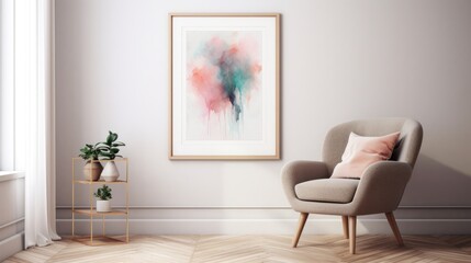  a chair in a room with a painting on the wall and a potted plant in the corner of the room.