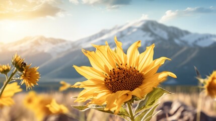  a field of sunflowers in front of a mountain range with snow on the top of the mountains in the distance.