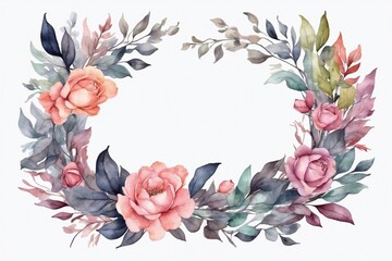 watercolor frame with flowers in pastel colors on white backgound
