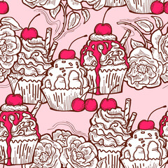 Tasty sweet cupcake dessert decorative seamless pattern for textile design, fabric print, digital or wrapping paper, wallpaper, background and backdrop, bakery shop decoration, cafe, restaurant menu.