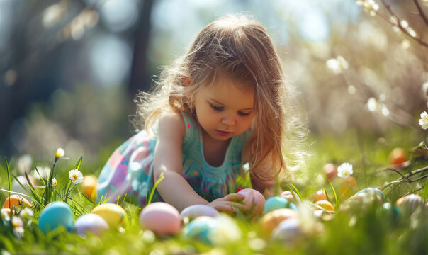 oung girl hunting easter eggs in spring garden