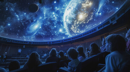 planetarium, with green walls and solar panels. Inside, a digital projection shows an accurate and detailed map of star clusters and planets