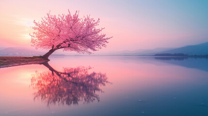 cherry blossom tree at the edge of a calm lake during sunset, petals reflecting in the water, creating a tranquil and reflective scene