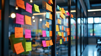 Colorful sticky notes on glass of meeting room - obrazy, fototapety, plakaty