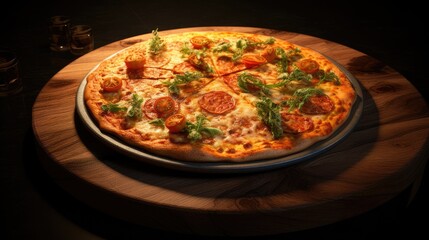Pizza on a wooden board on a black background. sharp contrast between the black background and the wooden board with pizza.