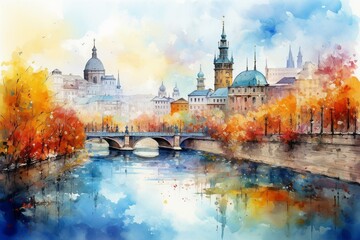 Vibrant cityscape with river, depicted in watercolor style with an impressionist touch. Generative AI - obrazy, fototapety, plakaty