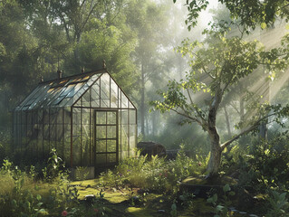 glass greenhouse in a forest clearing, with detailed textures of aged glass and weathered wood, surrounded by dense, wild foliage and dappled sunlight