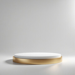 Minimalist 3D Rendering of White Background with Empty Podium and Gold Frame Reflection in Water