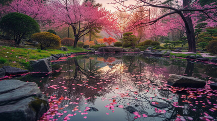 Japanese garden in full bloom with cherry blossoms, petals gently falling onto a tranquil pond, reflecting the pink hues