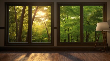Wooden window overlooking the forest. Sunlight provides warm and subtle lighting that brings out the vibrant green tones of the leaves to maintain a realistic and cozy ambiance.