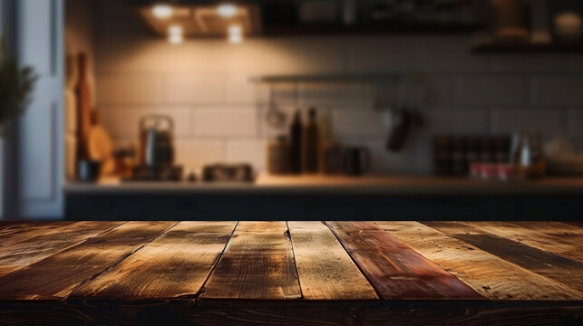 wooden table background of free space for your decoration and blurred of kitchen. Ai Generative