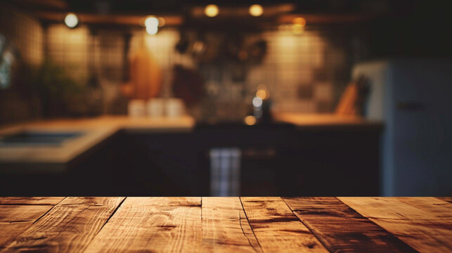 wooden table background of free space for your decoration and blurred of kitchen. Ai Generative