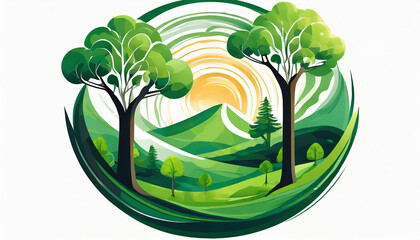 environmental protection logo isolated on white background, circular symbol with trees, green future, 2d