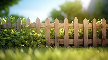 Obraz premium wooden fence and green grass with leaves, softly blurring the wooden fence and background.