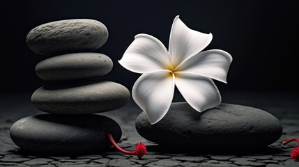  a white flower sitting on top of a pile of black rocks next to a white flower on top of a pile of black rocks.